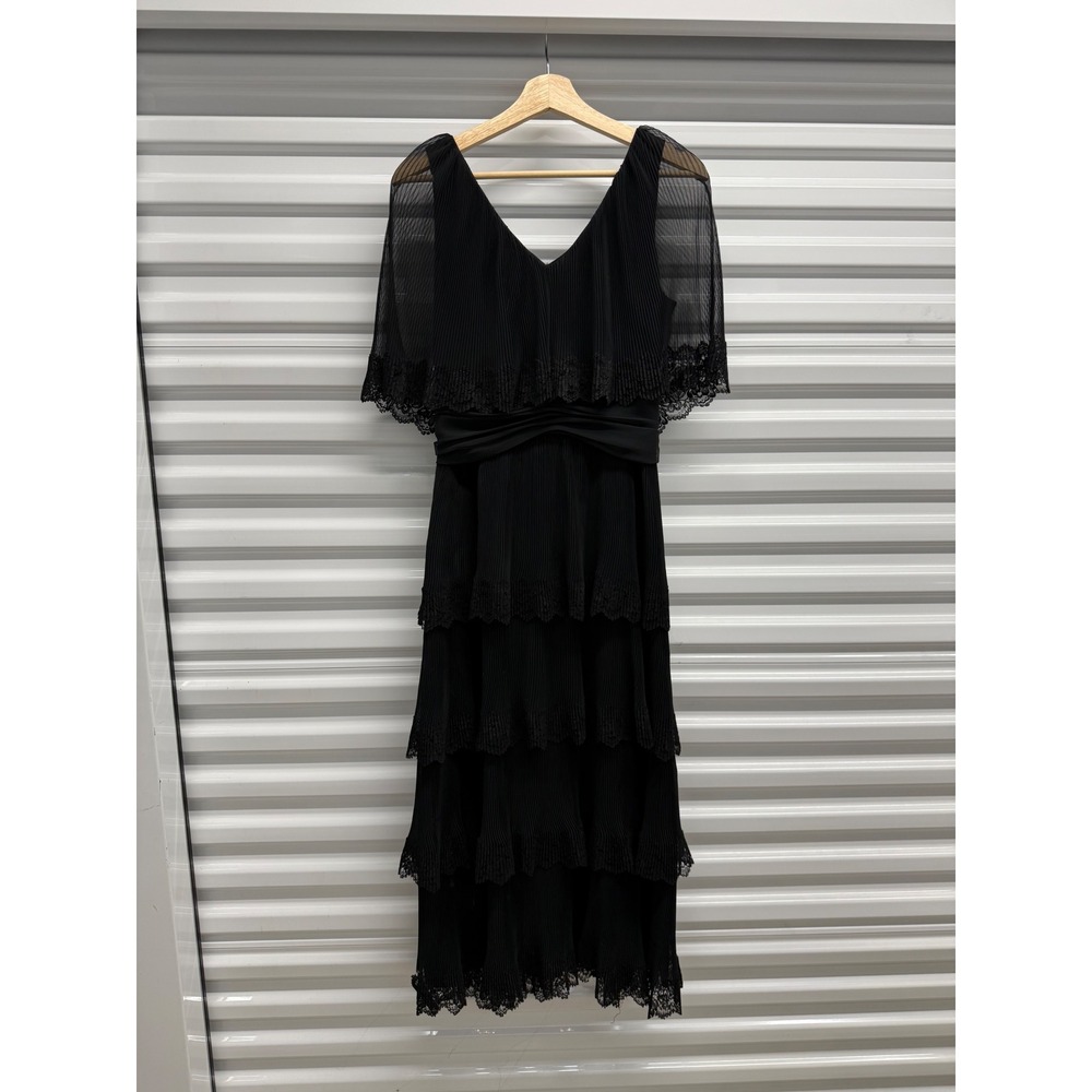 Vintage 70's Miss Elliette California Black Tiered Lace Midi Dress V-Neck